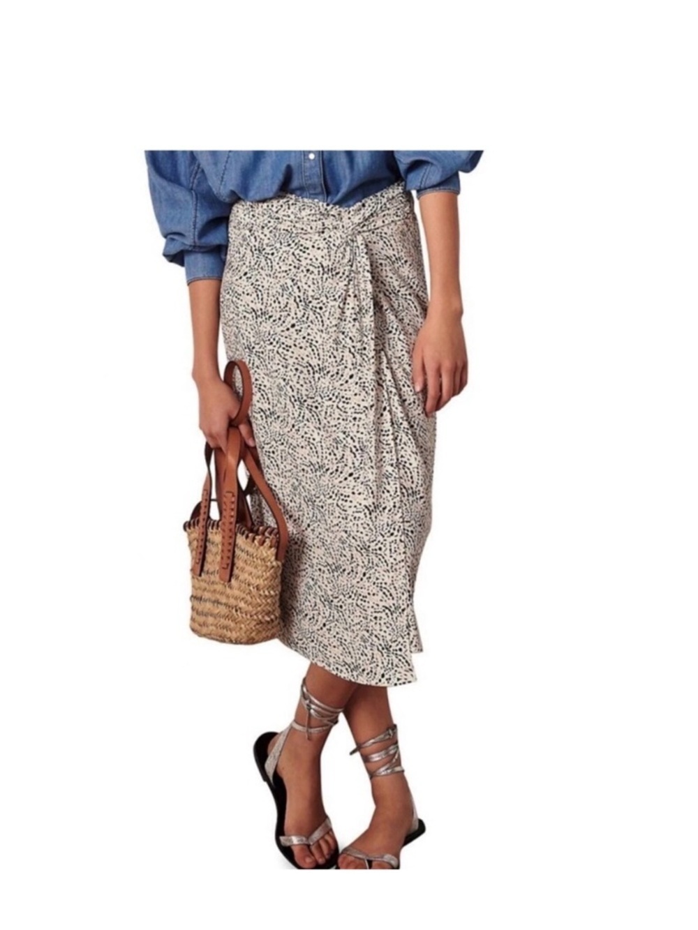 Ba&sh Icami Silk Printed Faux Wrap Knee Length Skirt Blush Size US L (8)